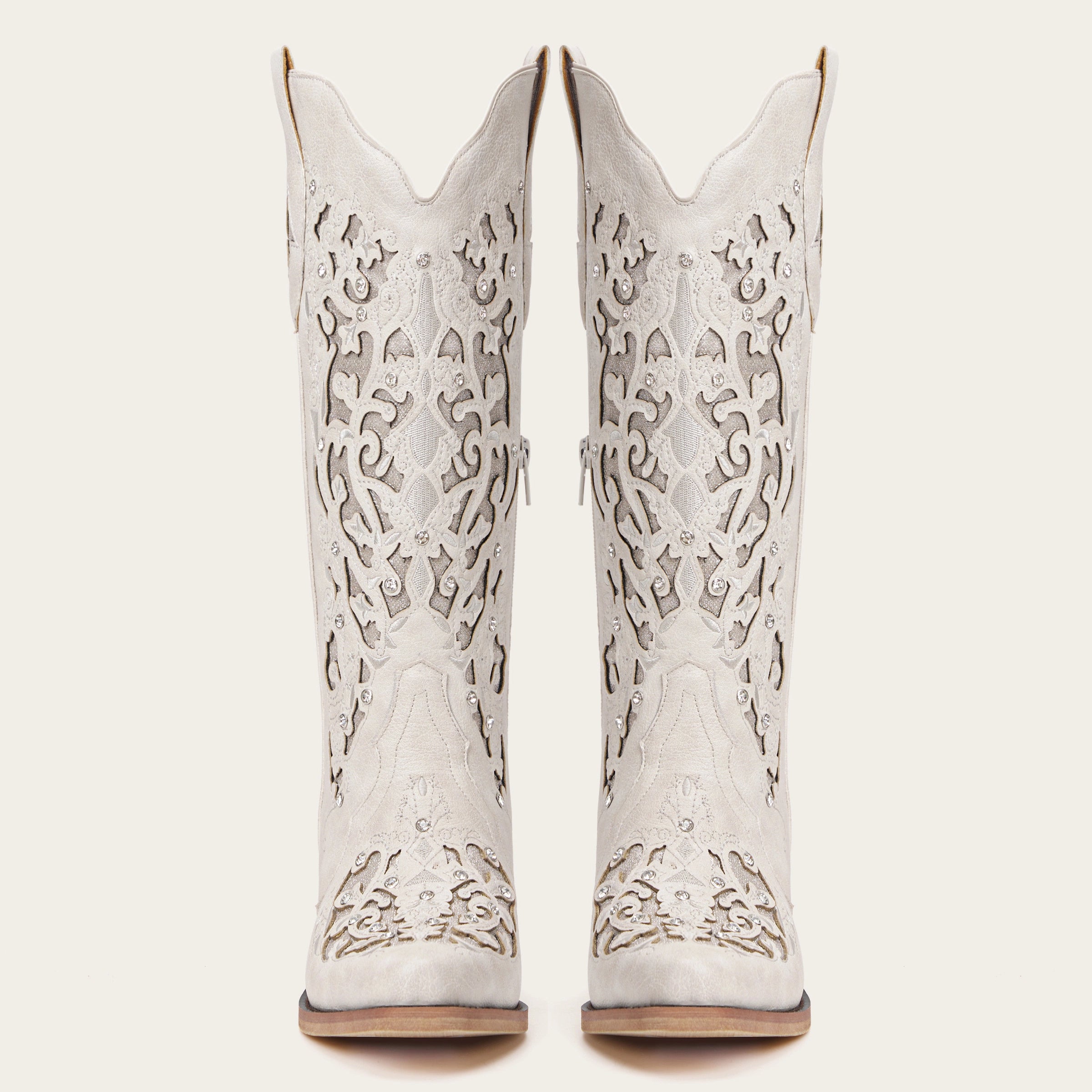 The Ballou - White Embroidered Cowgirl Boots with Rhinestone and Cutouts