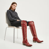 The Ross - Red Over-the-Knee Cowgirl Boots with Back Tie & Embroidery