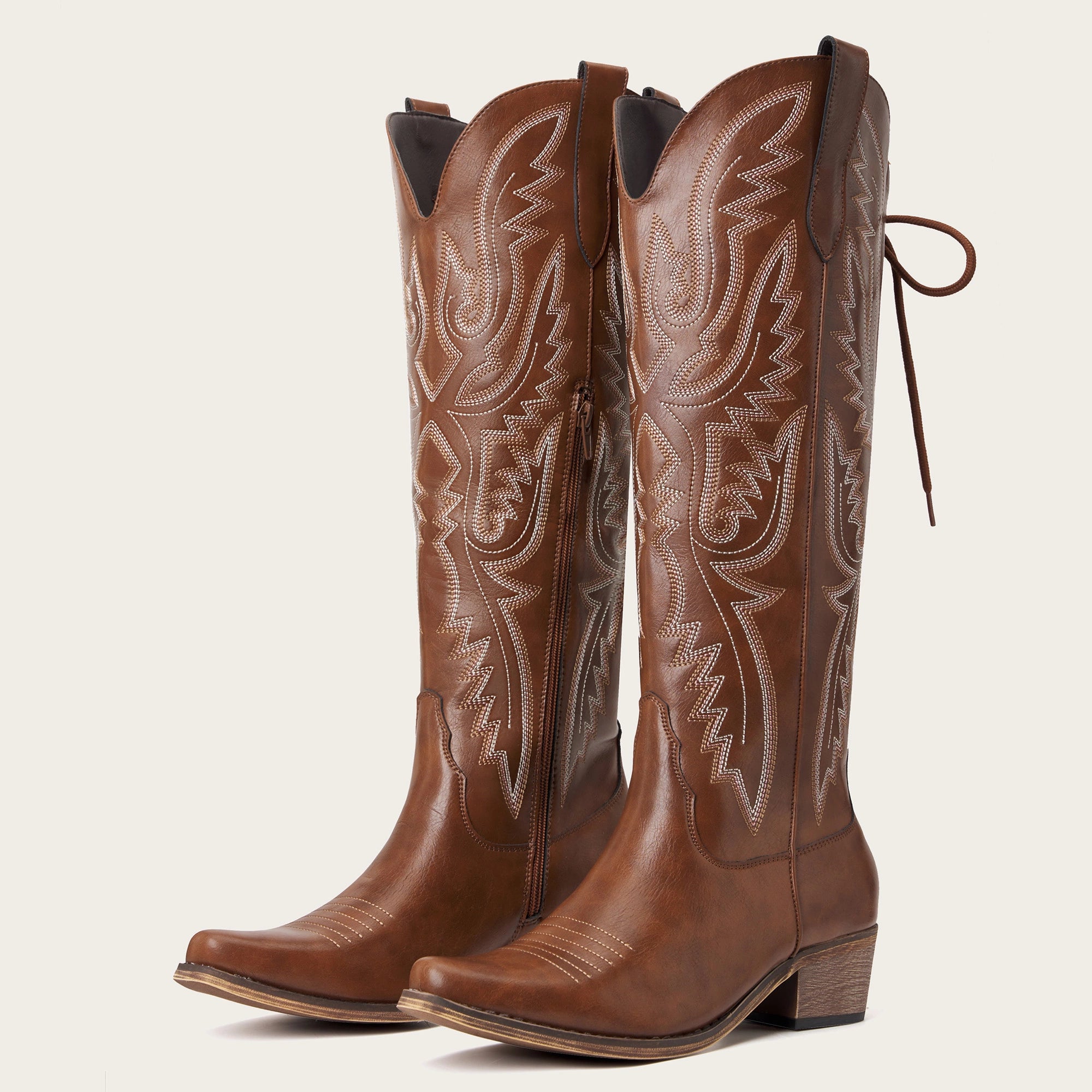 The Withersteen – Brown Tall Cowgirl Boots with Bold Embroidery and Lace-Up Back