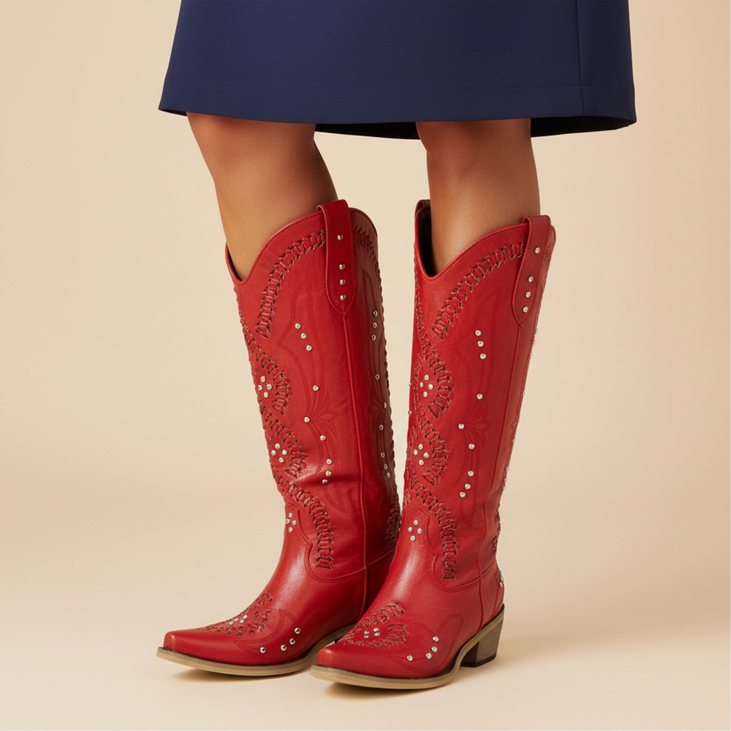 The Kitty - Red Snip Toe Rhinestone Cowgirl Boots with Cutout Woven
